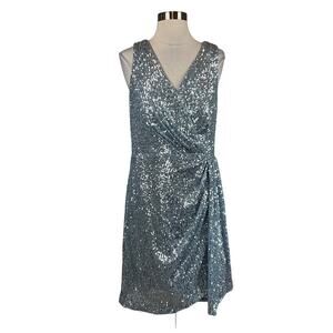 Eliza J Blue Sequined Cocktail Dress Size 16 Sleeveless V-Neck Mini Sheath